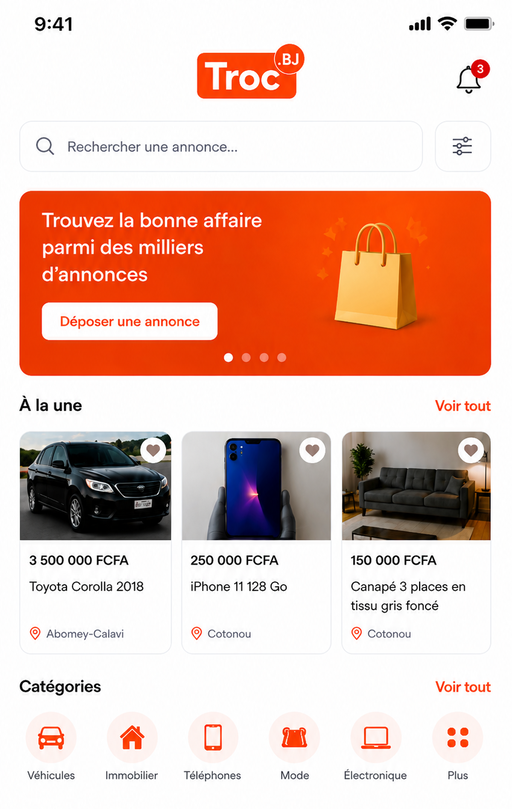 Aperçu de l'application Android troc.bj